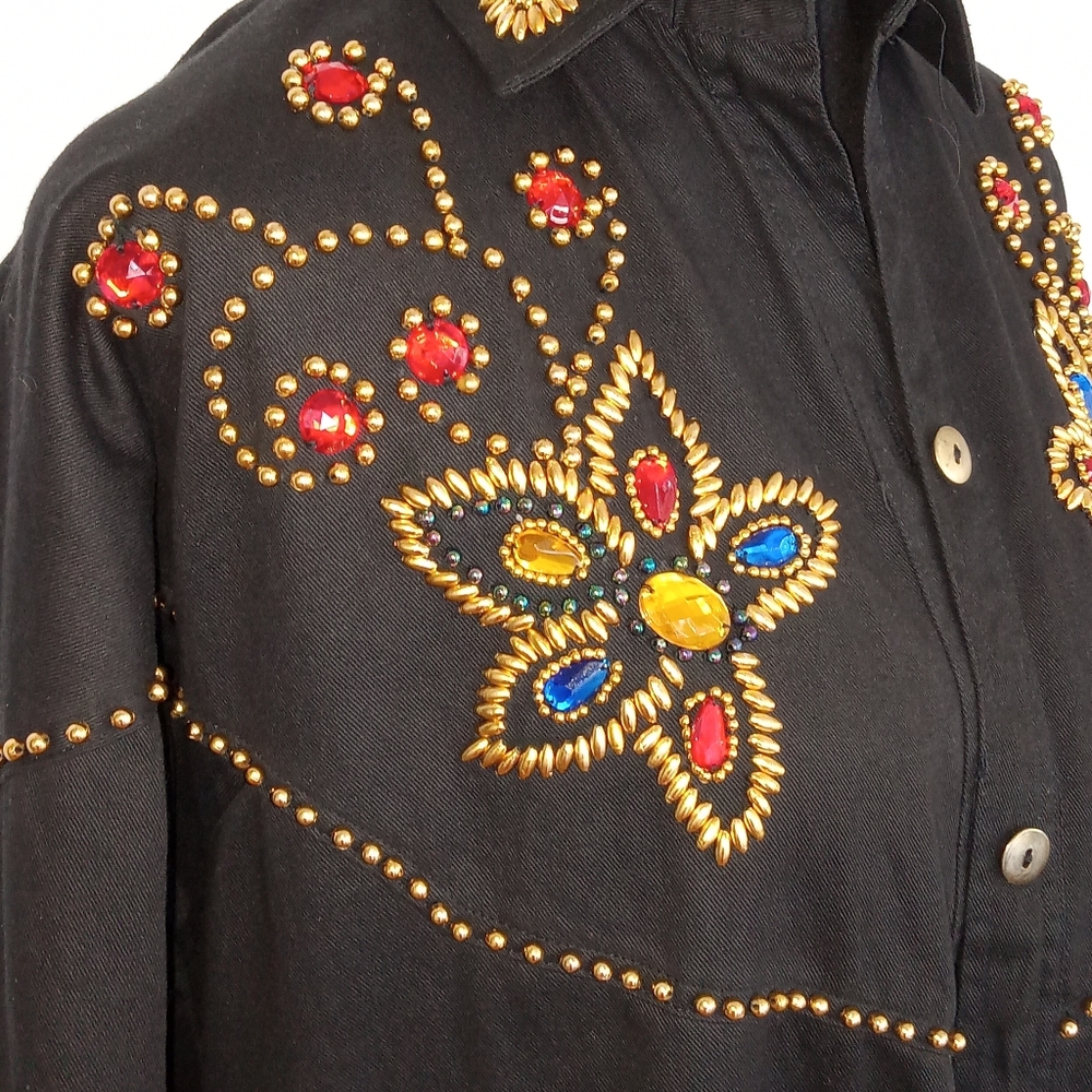 Western jeweled black denim button down - Picture 3 of 6